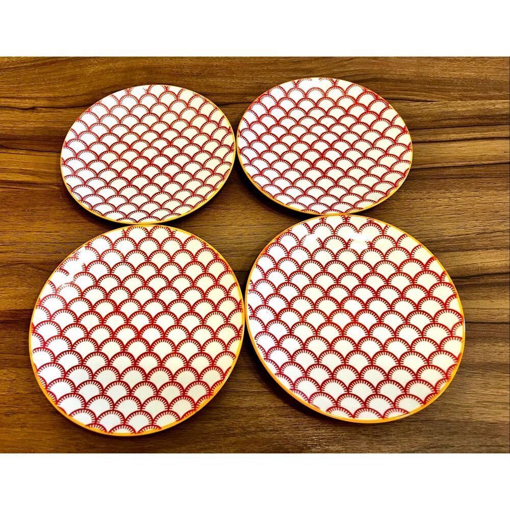 Set of 4 Pfaltzgraff 6" Appetizer Plates Red Orange GEO Microwave Dishwasher Ok